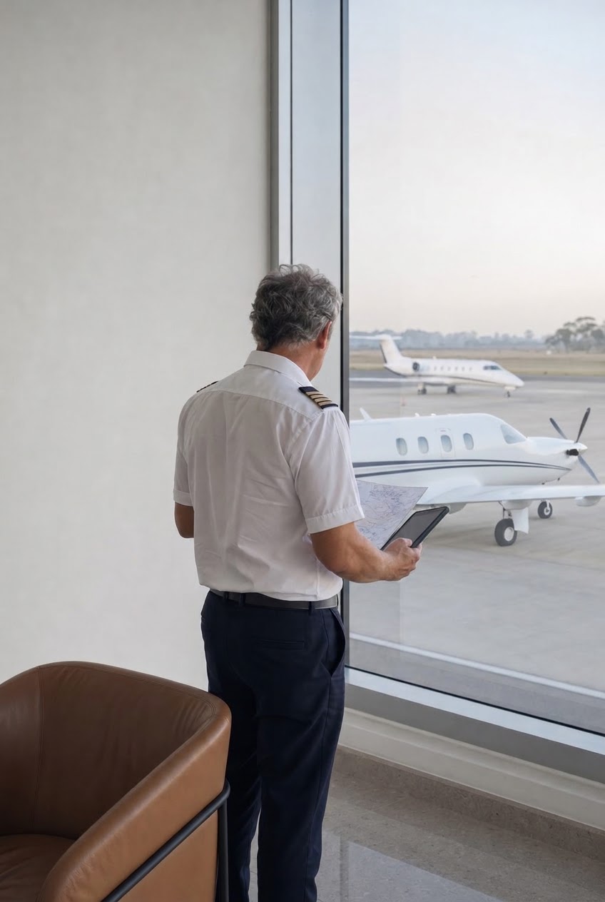 Pilot with a flight chart in front of a Pilatus PC-12